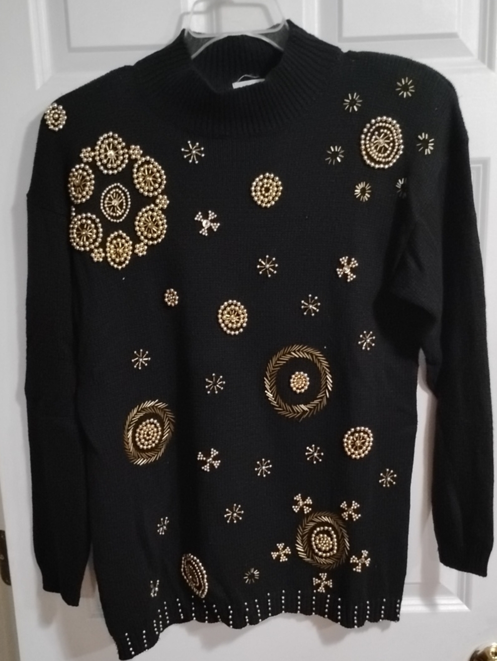 Victoria Jones Woman Black Turtleneck Sweater with Gold Beaded Medallions
